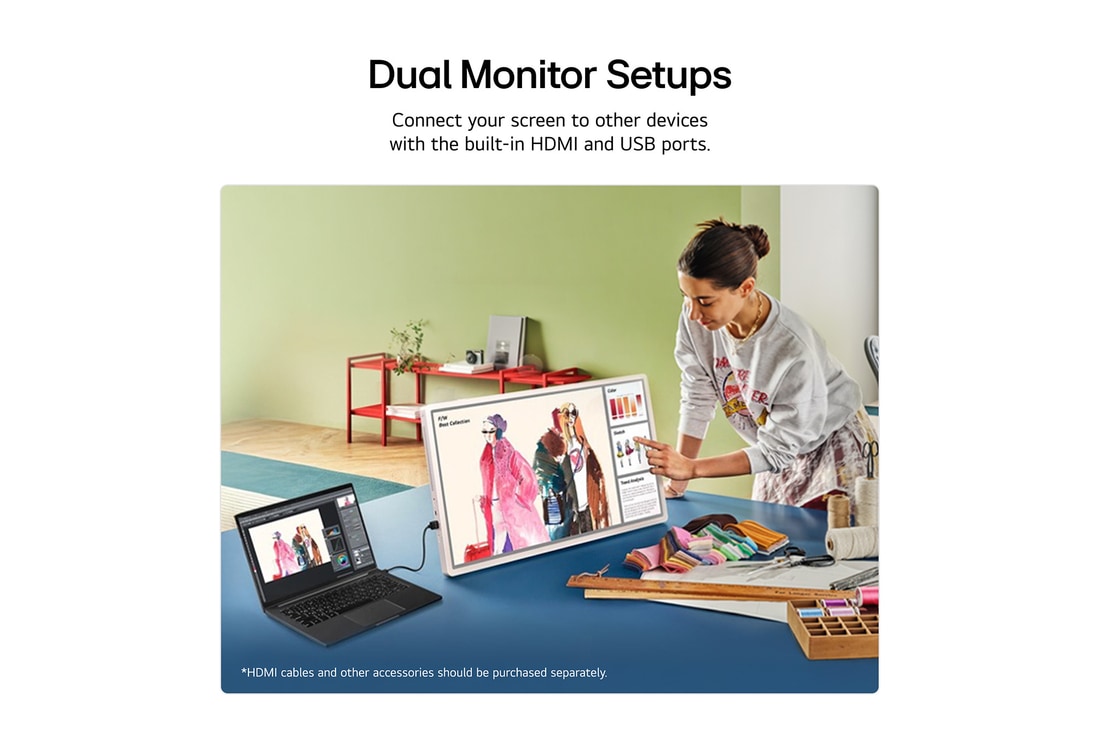 LG StanbyME 2. A hand interacting with the touch screen showing ease of use. The text talks about being able to connect your screen with other devices easily. 