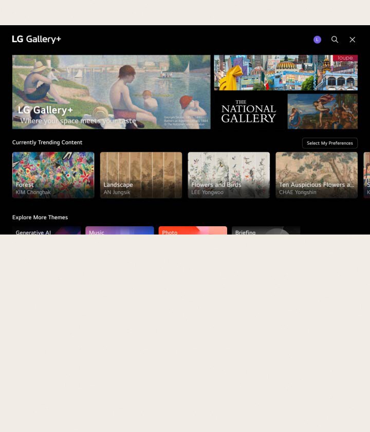 From the home screen of an LG TV, the process of setting your preferences to get auto-curated content is shown. From choosing between different kinds of content to receiving the personalized profile. 