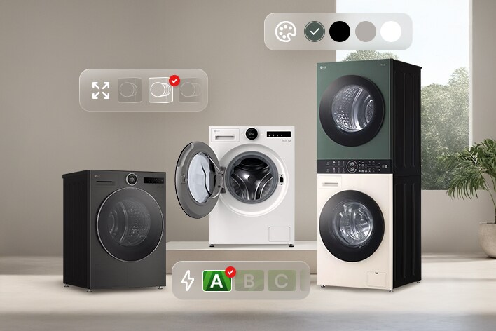 LG laundry lineup with icons for color, capacity, and energy. White washing machine, black dryer, and green-beige WashTower