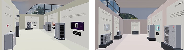 Two images from LG product showrrom, displayed with various HVAC products on both sides of the pathway	