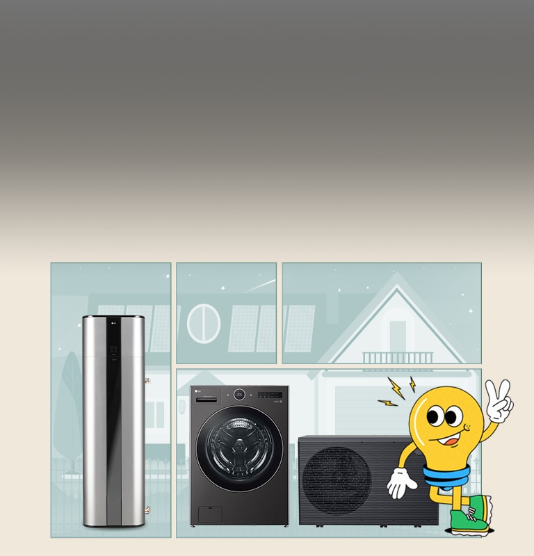 Heat pump water heater, washer, and HVAC system with lightbulb mascot promoting home electrification solutions.	