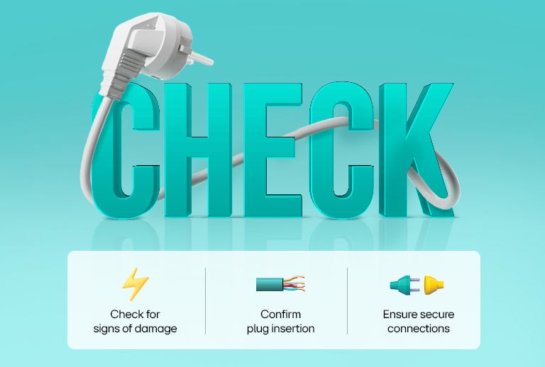 Graph illustration with a large 3D text "Check" in teal color, and it is about checking the power of outdoor unit.	