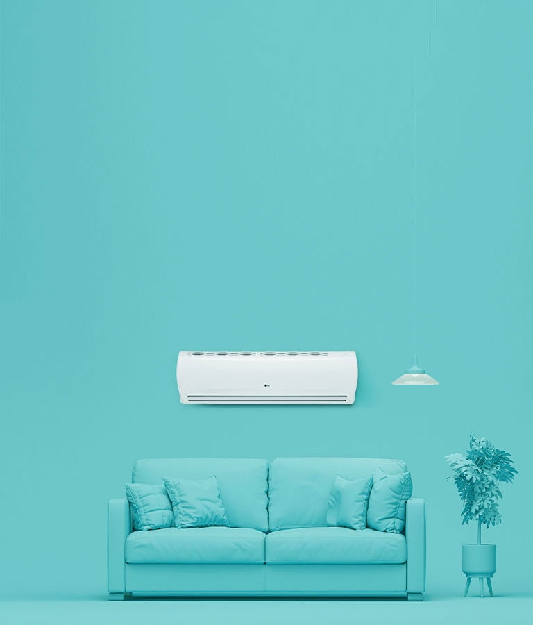 Modern living room with a LG air conditioner.	