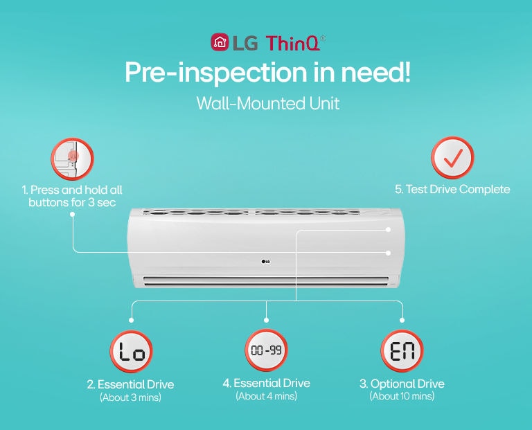 LG wall-mounted unit air conditioner with instructions for pre-insepction steps.	