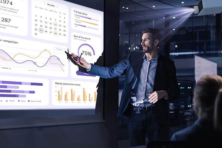 A professional presenter in a conference room explains data visualisations projected by an LG ProBeam projector.	