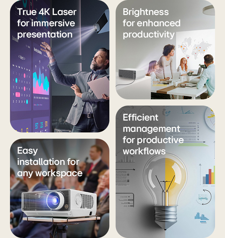 A collage showcasing LG ProBeam features: 4K laser projection for presentations, brightness for productivity, easy installation, and efficient workflow management.	