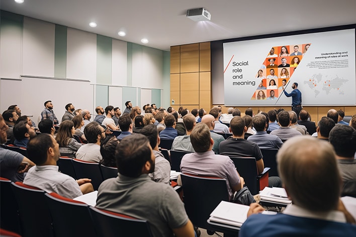 A conference room with attendees watching a presenter beside a screen displaying "Social role and meaning" with headshots and a world map.	