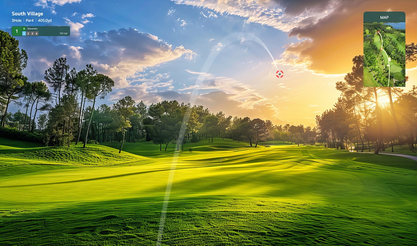 A virtual golf ball is in mid-flight with a stunning sunset on a green golf course and an overhead course map displayed.