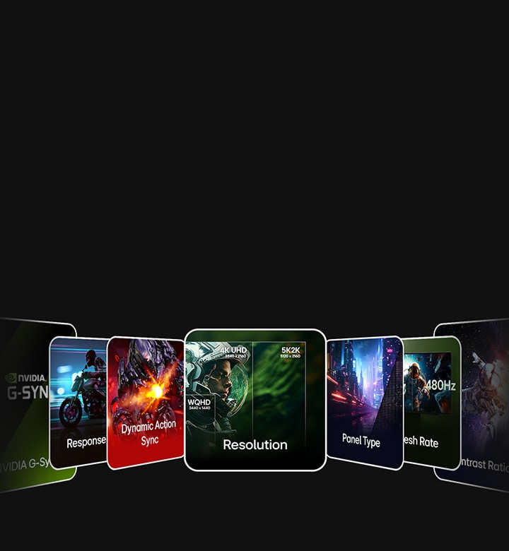 LG Monitor banner with feature cards for response time, resolution, and refresh rate.