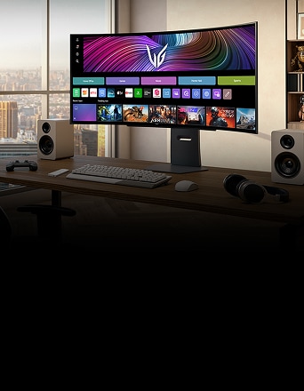 LG UltraGear 45gx90sa gaming monitor set up on a desk with a gaming chair in a modern room.