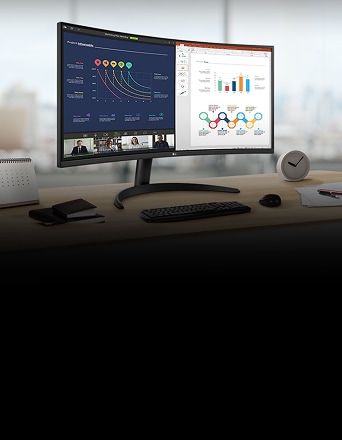 A desk with an LG UltraWide Curved Monitor in an uncluttered office environment.