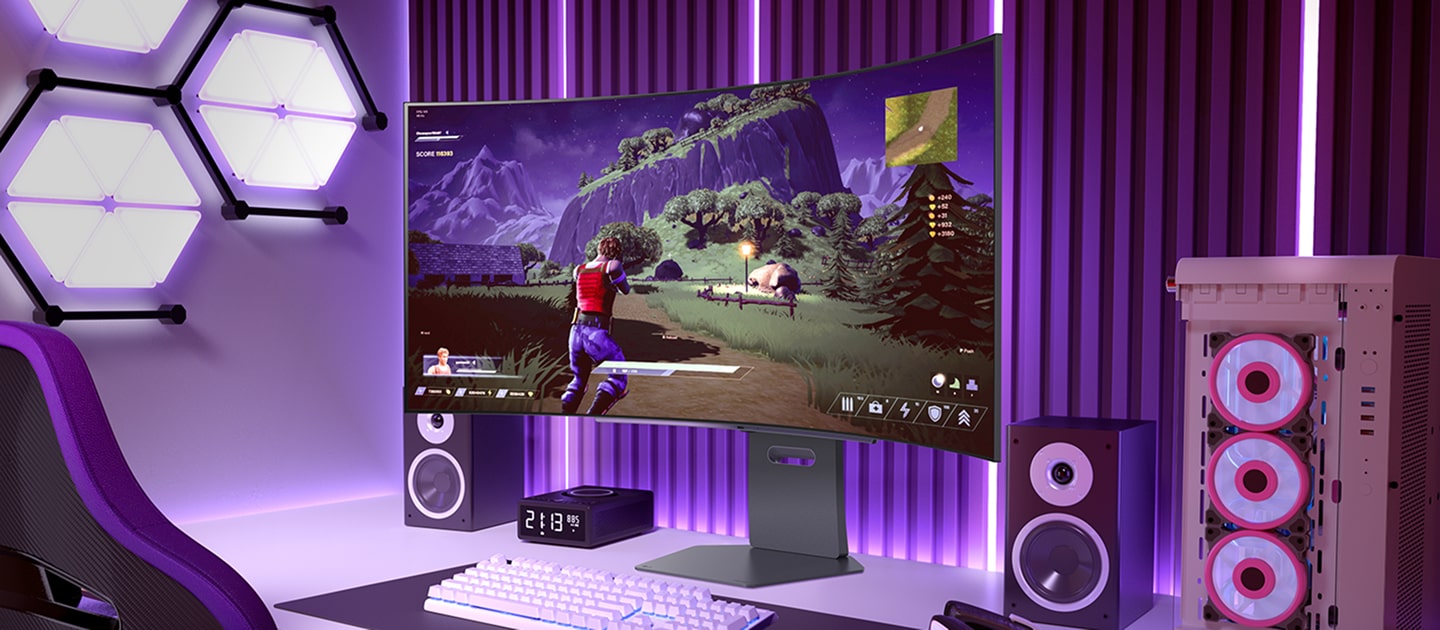 An LG UltraGear monitor in a gaming room, showing gameplay on the screen with LED lighting around the setup.