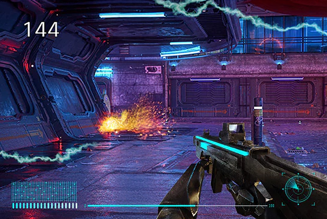 First-person shooting game scene showing a player holding a gun inside a dark spaceship corridor. The number "144" is displayed at the top left corner, indicating the frame rate.
