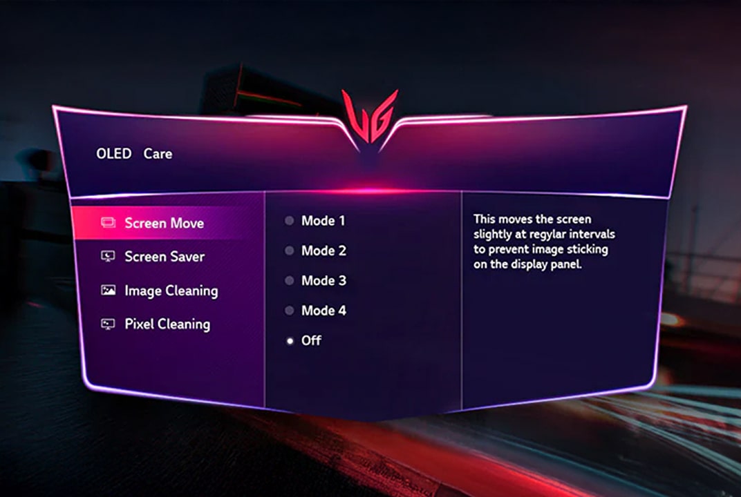 LG monitor OLED Care on-screen display menu showing options such as Screen Move, Screen Saver, Image Cleaning, and Pixel Cleaning, with selectable modes for preventing image sticking on the panel.