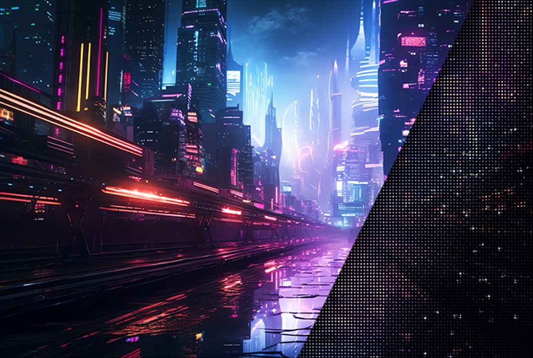 An image of a futuristic cityscape with vibrant neon lights, showing local dimming on the right side with pixelated dark areas to illustrate the dimming effect.