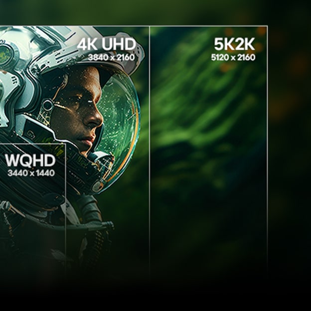 Gaming monitor resolution comparison showing 8K2K, UHD, and QHD quality differences on a space combat game scene.