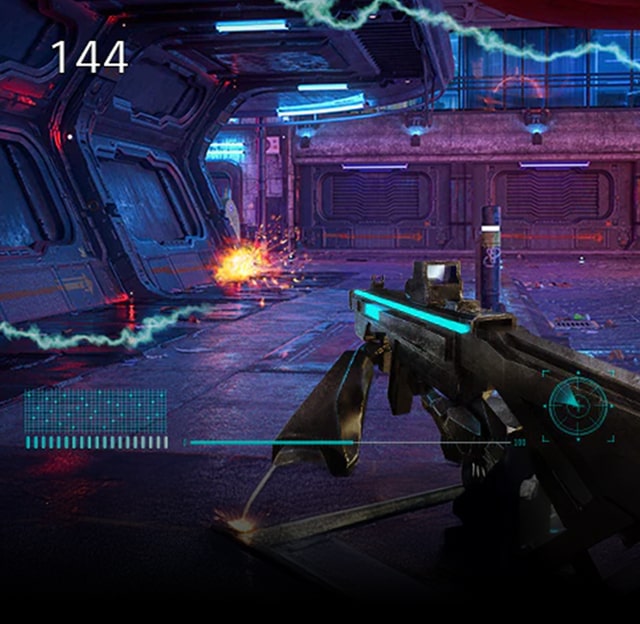 First-person shooting game scene showing a player holding a gun inside a dark spaceship corridor. The number "144" is displayed at the top left corner, indicating the frame rate.