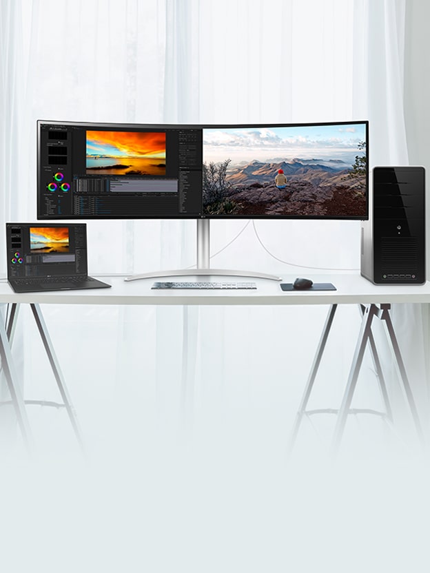 The image simulates dual controller with the scene that the monitor connected to both laptop and desktop. The monitor displays the screen of each devices at once.