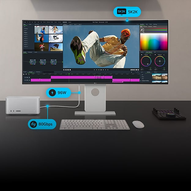 An ultrawide monitor on a desk displaying video editing software, connected to a laptop and storage device via 5K2K and SSD/HDD setup.