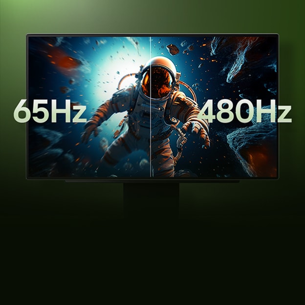 Gaming monitor refresh rate comparison showing 65Hz vs 480Hz performance on an astronaut game scene.