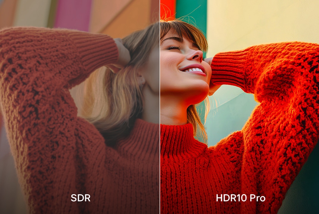 A photo of a girl in a red sweater split down the middle to show the left side in SDR and the right side in HDR10 Pro. The right side of the image is more sharp and in contrast in comparison to the left side of the image.