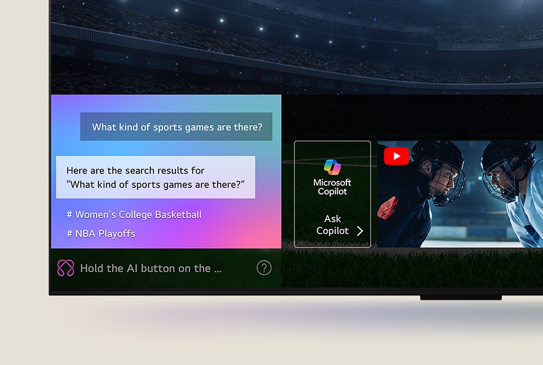 Close-up of an LG QNED TV screen showing how AI Search works. A small chat window is open showing how the user asked for what sports games are available. AI search responded via chat and by showing thumbnails of available content. There is also a prompt to ask Microsoft Copilot.