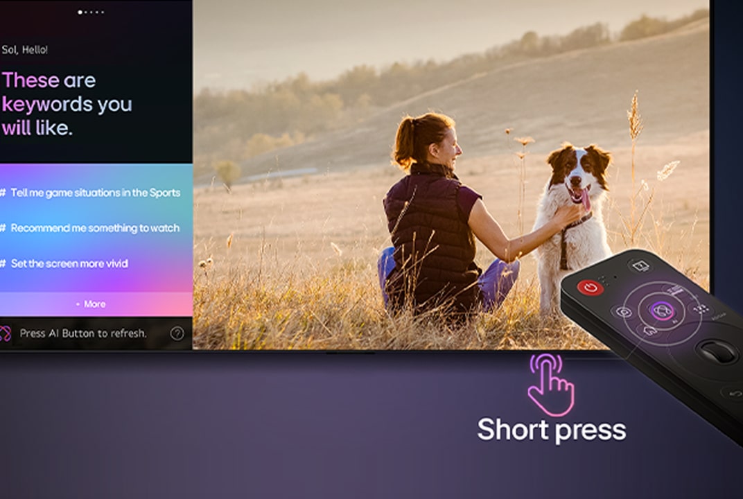 LG AI Magic Remote in front of an LG TV screen. On the screen is a personalised greeting from the LG AI with customised keywords based on the user's search and watch history. By the remote is an icon and label showing that the AI Concierge functionality is easily accessible with one short press on the AI button.