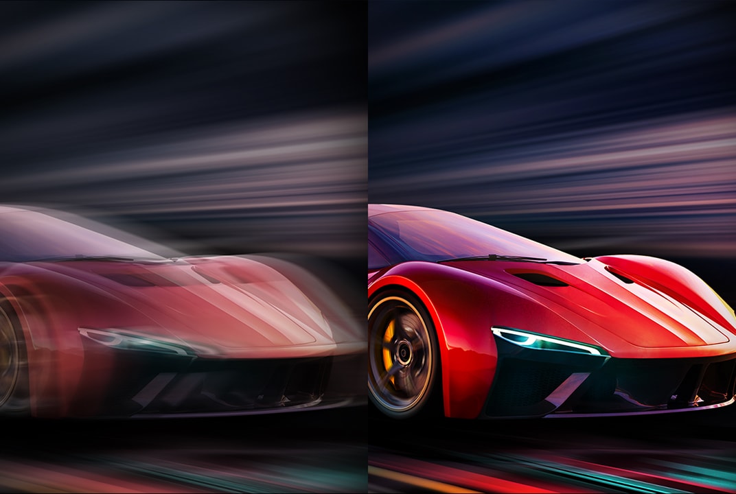 Side-by-side comparison of a racing car game and the difference in refresh rate. On one side, the refresh rate is lower resulting in more motion blur. On the other side, the refresh rate is high showing the car completely in focus.