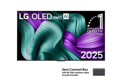 Front view of LG OLED M5 Signature TV. 12 Years of world number 1 OLED emblem and LG Signature OLED M logo are on the screen. Zero Connect Box in the corner with the title, Zero Connect Box with 4K 144Hz wireless video & audio transfer