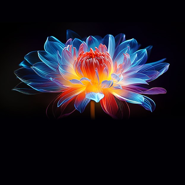 3D holographic flower in many different shades and hues against a black background. The definition and detail of the flower shows off QNED MiniLED's capability to produce visuals with exceptional colour, brightness, and contrast.