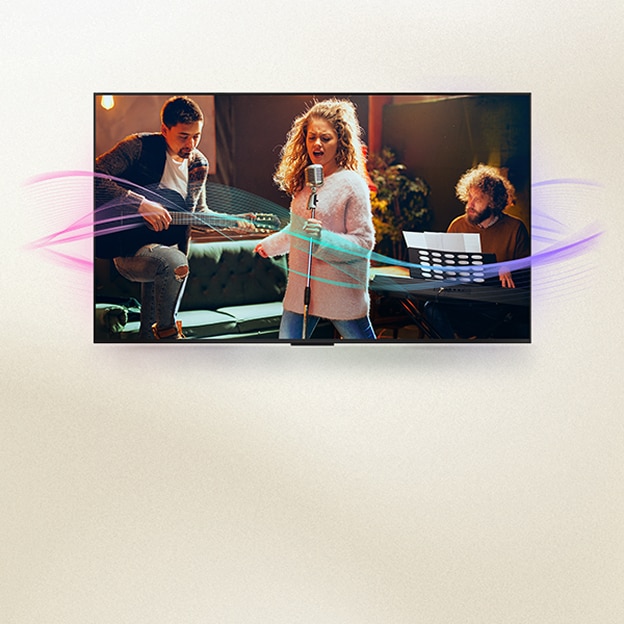 A man playing guitar, a woman singing into a mic, and a man playing the piano are pictured. Soundwaves which are coming from them are seen to show sound emission and how sound quality is enhanced with Al Clear Sound.