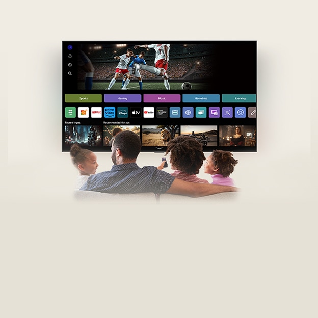 Family of four is gathered around an LG AI TV. A circle appears around the person holding the remote showing their name. This showcases how AI Voice ID recognises each user's voice signature. The webOS interface then shows how the AI automatically switches the account and recommends personalised content.