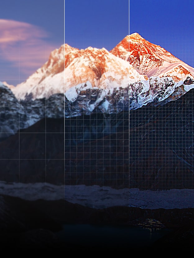 Side-by-side comparison of a mountain range image with a grid representing the number of pixels per screen resolution type. FHD has the least amount of pixels with 4K and 8K having much more detail. 4K TV screen indicating it's 3840 by 2160 pixels. Within it is a smaller square labelled FHD. This shows the difference in quality and pixel density between FHD and 4K.