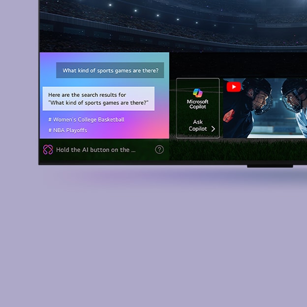 Close-up of an LG QNED TV screen showing how AI Search works. A small chat window is open showing how the user asked for what sports games are available. AI search responded via chat and by showing thumbnails of available content. There is also a prompt to ask Microsoft Copilot.