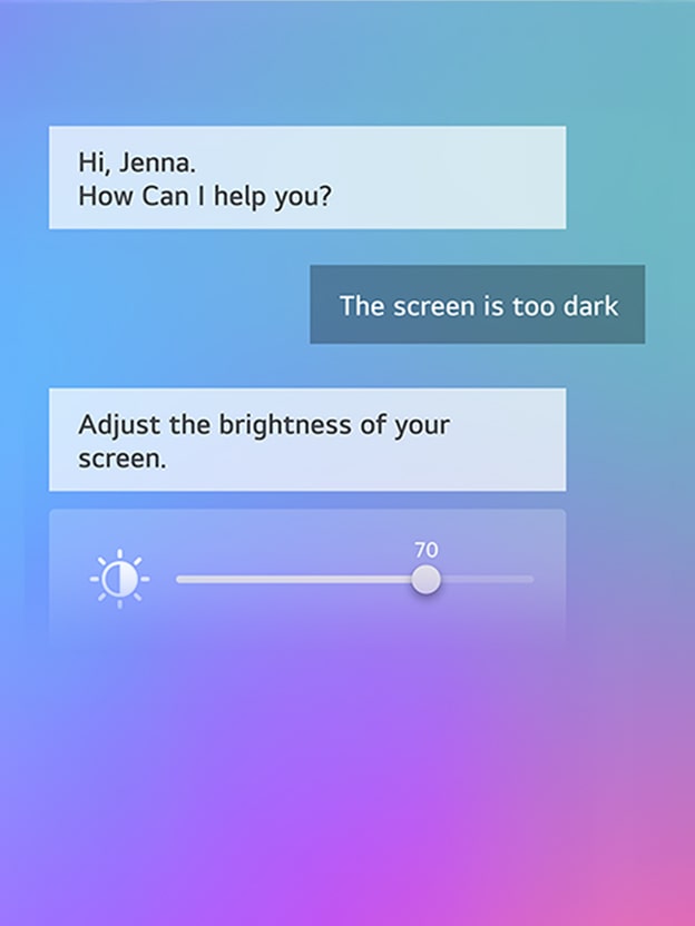 Sci-fi content is playing on an LG TV screen. On the screen is the AI Chatbot interface. The user messaged the chatbot saying that the screen is too dark. The chatbot offered solutions to the request. The whole scene is also split in two. One side is darker, the other side is brighter, showing how AI Chatbot solved the issue for the user automatically.