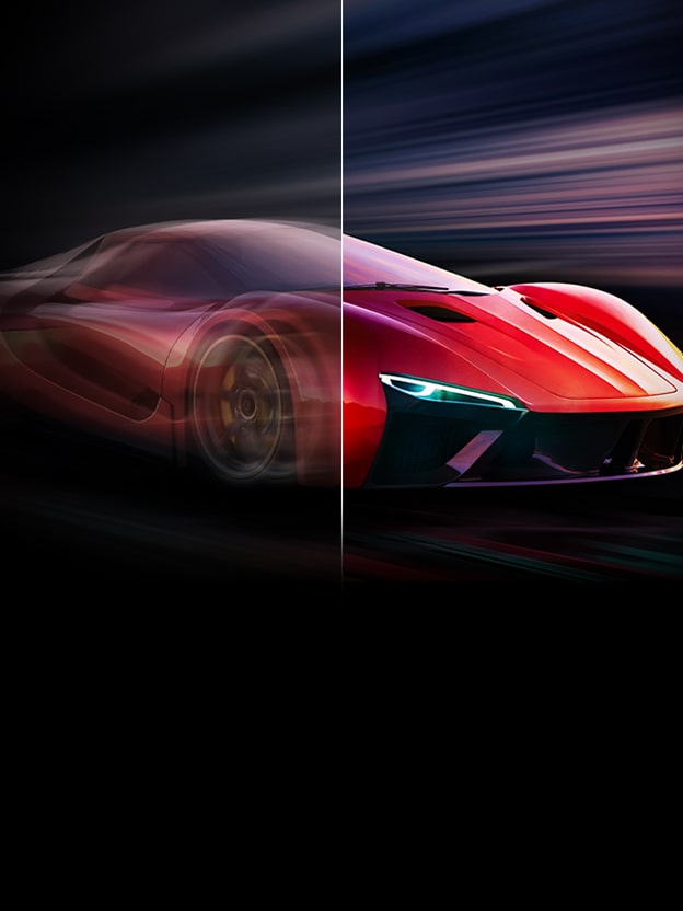 Side-by-side comparison of a racing car game and the difference in refresh rate. On one side, the refresh rate is lower resulting in more motion blur. On the other side, the refresh rate is high showing the car completely in focus.