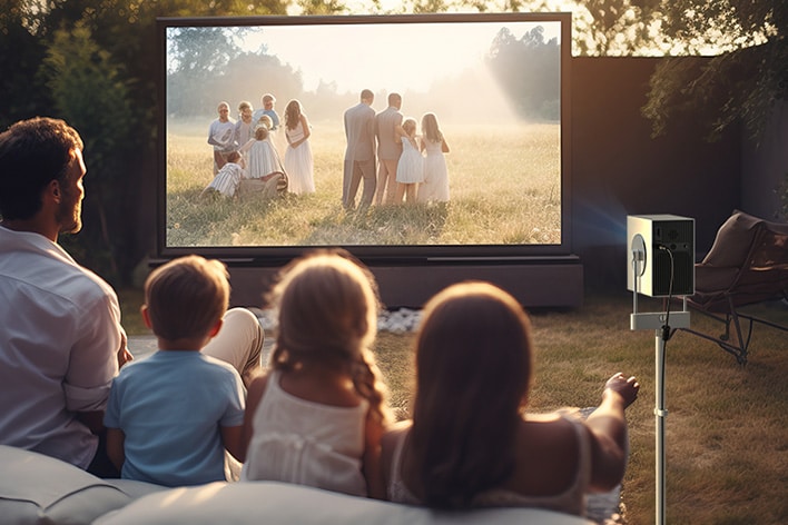 A father and his three children enjoy a video outdoors using a Cinebeam Q with a stand.