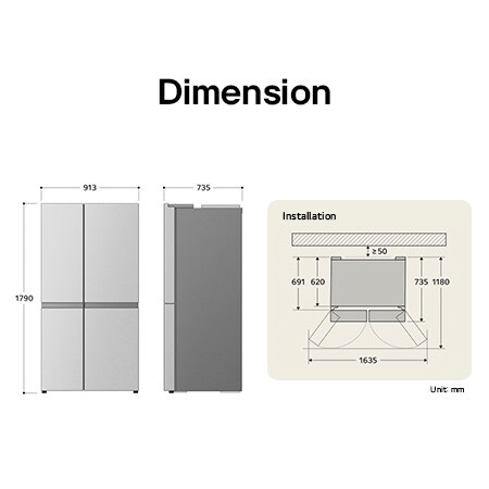 LG Side-by-Side Refrigerator GSXE81PYBD displaying the detailed installation dimensions and product size, including a height of 1790 mm, width of 913 mm, and depth of 735 mm.