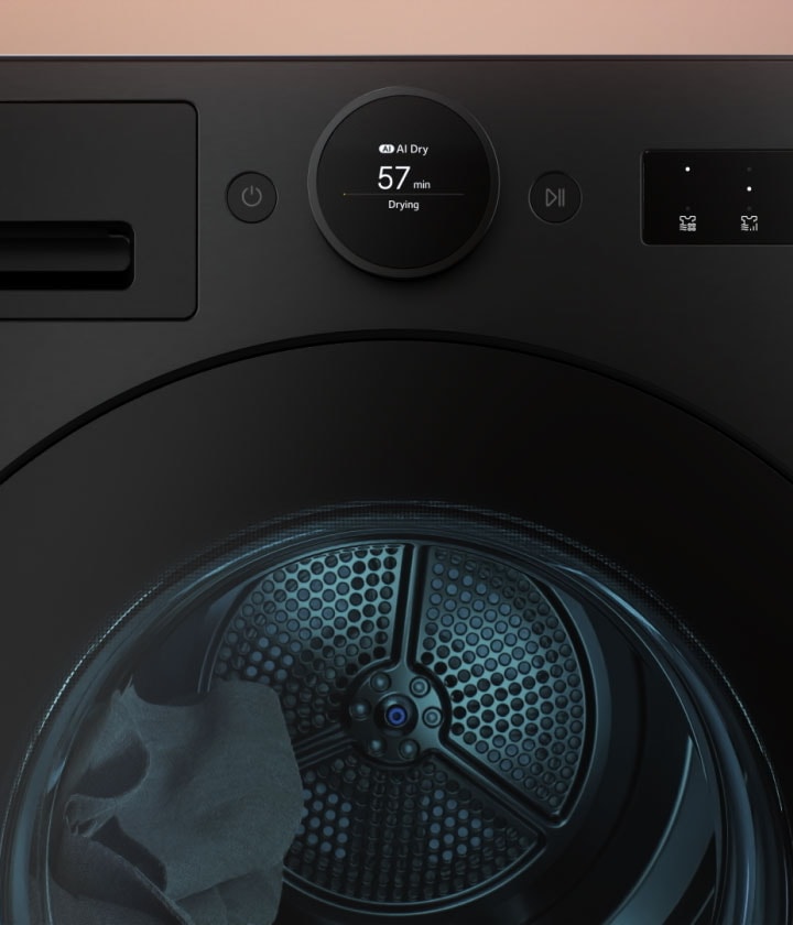 Video showing LG dryer with inverter motor and heat pump system, circulating air inside for efficient drying.