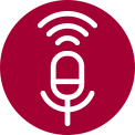 White microphone icon with sound waves emanating upwards on a red background, indicating voice recognition. White microphone icon with sound waves on a grey background, located in the centre, indicating voice control.