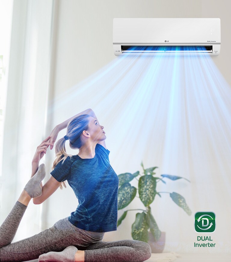 Woman practising yoga in front of an LG Dual Inverter air conditioner emitting cool blue airflow in a room.