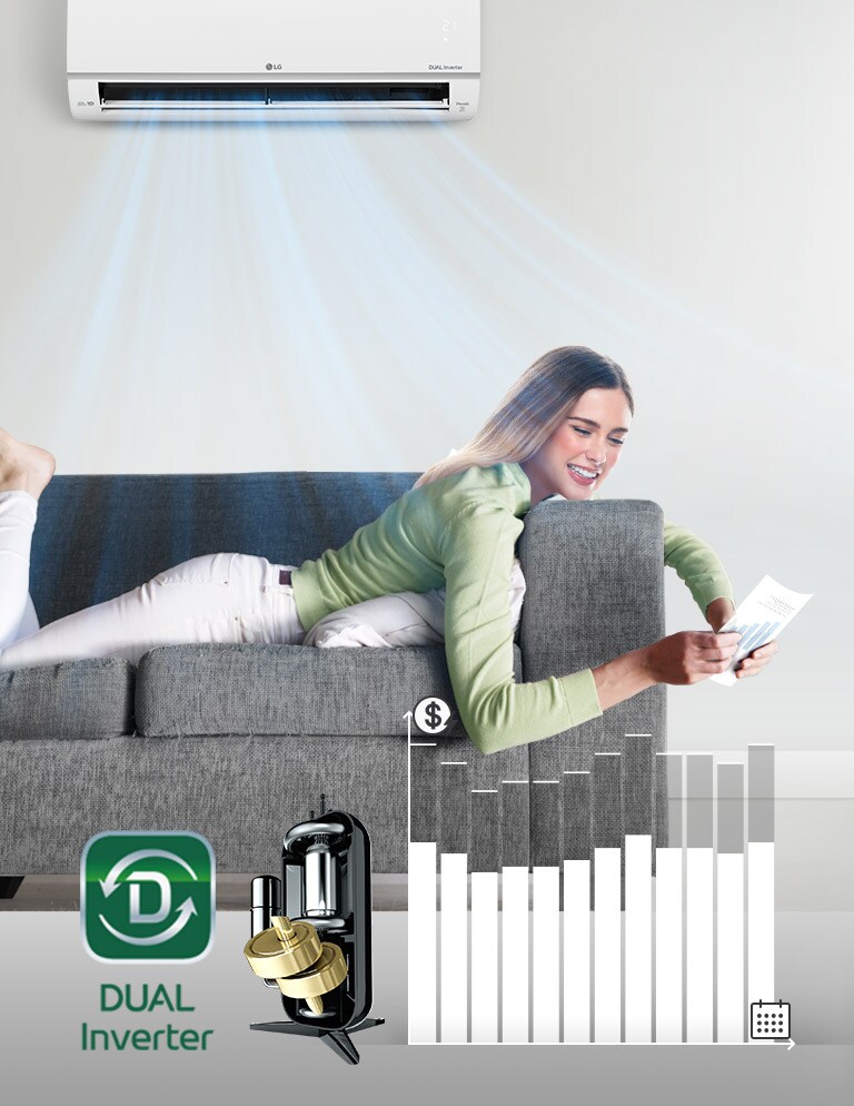Woman relaxing on grey sofa under LG dual inverter air conditioner with energy efficiency icons and graphs.