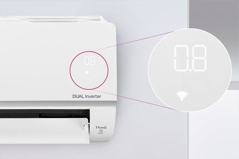 LG Dual Inverter air conditioner displaying 08 on LED screen, with a zoom-in on the highlighted Wi-Fi symbol.