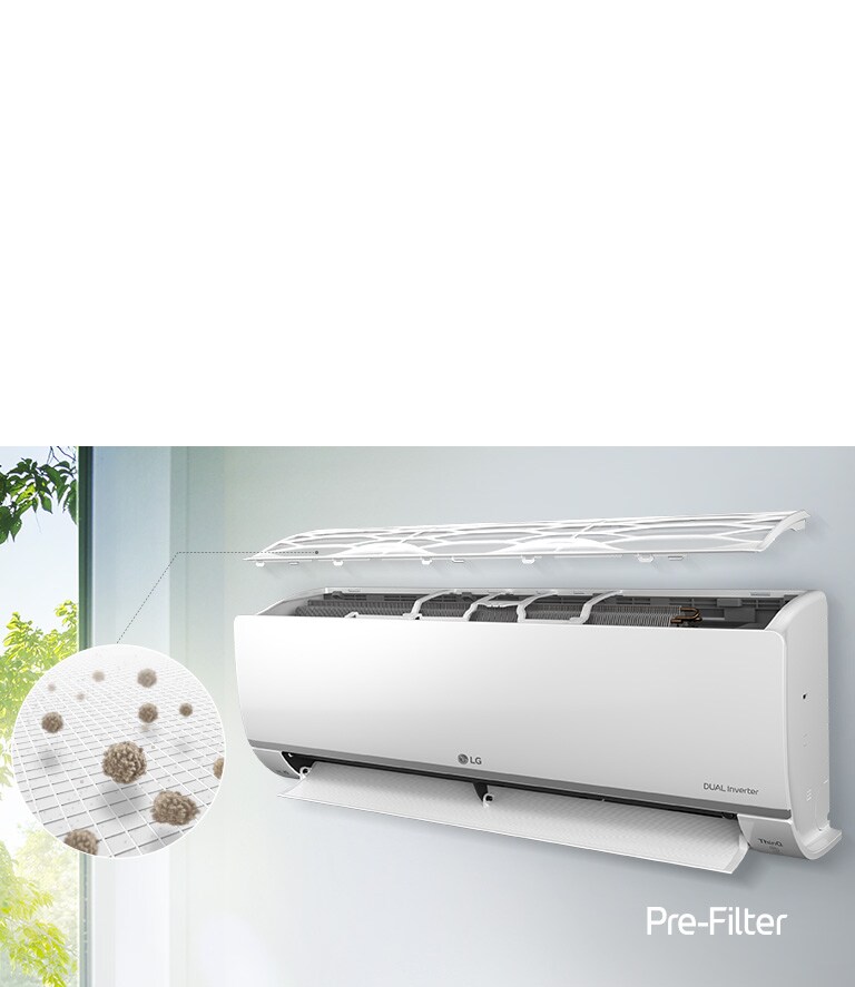 Wall-mounted LG Dual Inverter air conditioner with open panel, highlighting the pre-filter capturing dust particles.
