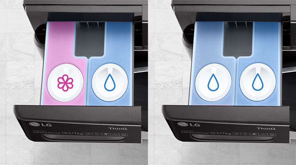 LG washing machine drawer with fabric softener and detergent compartments, placed on a white tiled floor.