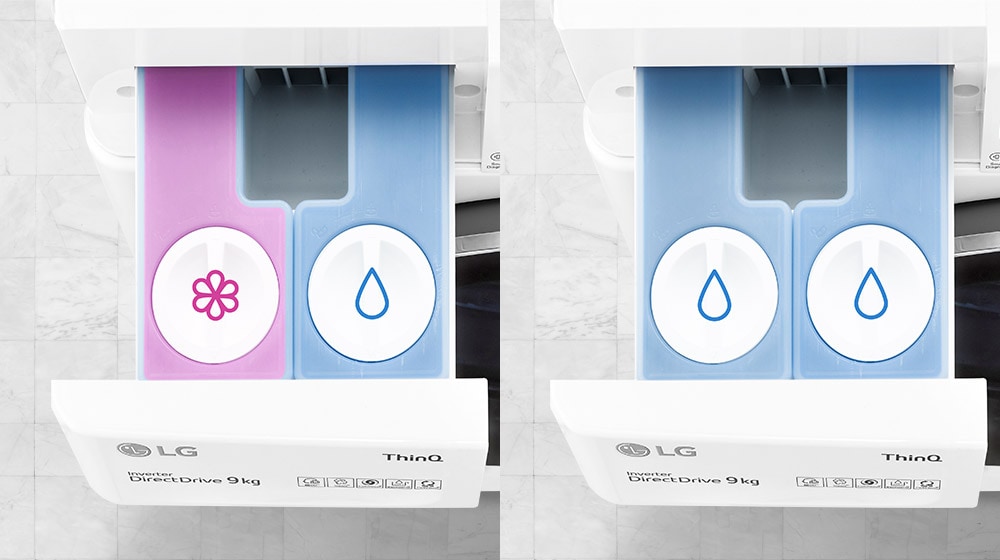 LG washing machine detergent drawer with separate compartments for detergent and fabric softener, labelled with icons.