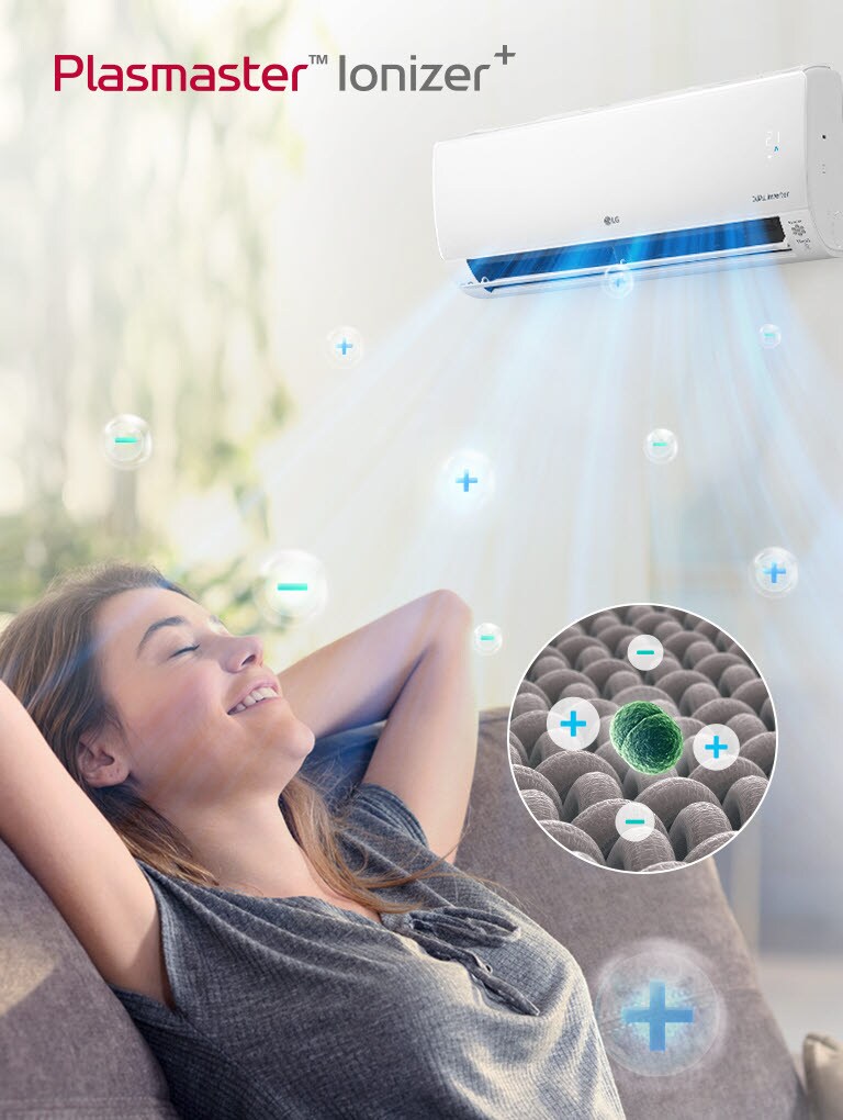 LG Plasmaster Ionizer+ air conditioner purifies air, showing ionisation benefits with positive and negative ions.