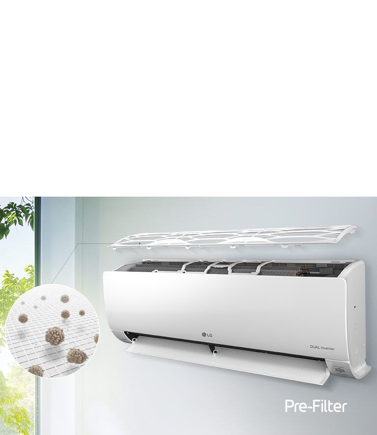 LG Dual Inverter air conditioner with open top panel, pre-filter catching dust particles, mounted on a wall.