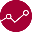 White line graph with circles trending upward on a maroon background, indicating progress or data growth. Grey graph icon with two connected points on a grey background, indicating data trends or analytics.