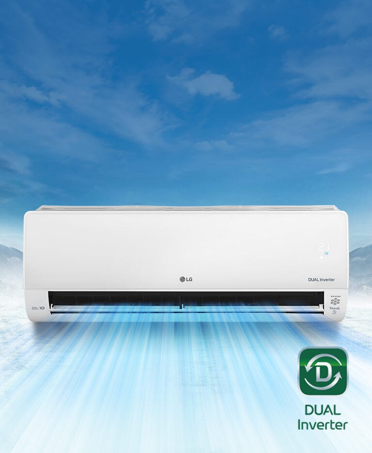 LG dual inverter air conditioner releasing cool air in front of a blue sky, highlighting its energy efficiency.